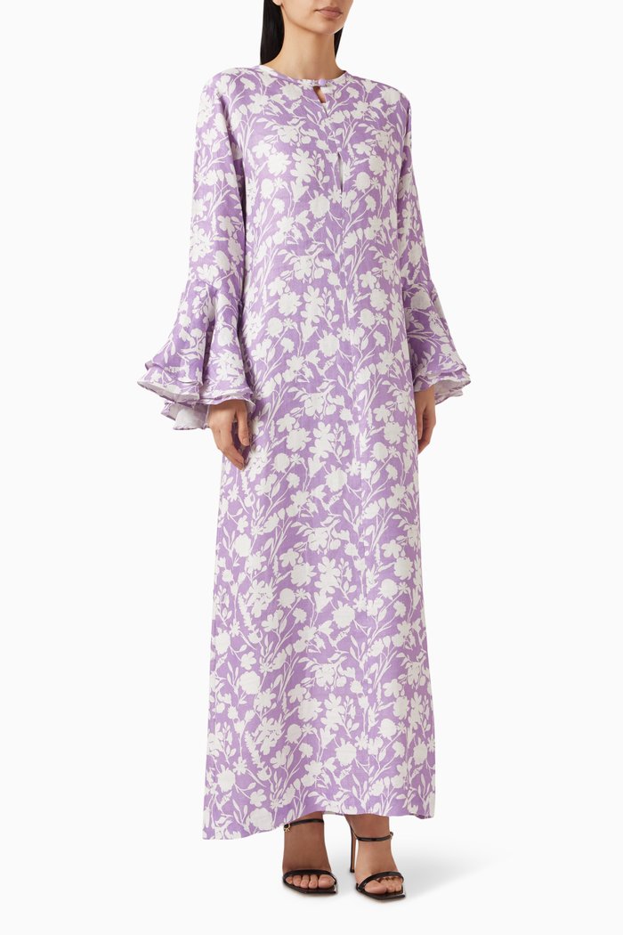 Daisy Ruffle Kaftan in Linen, Purple
