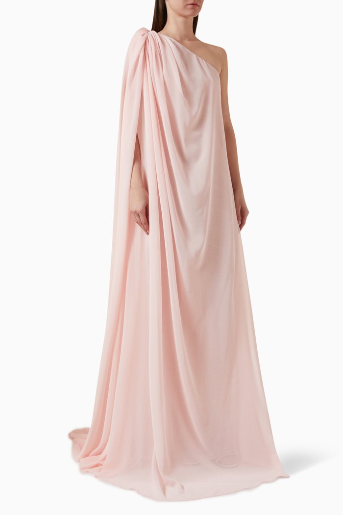 

One-shoulder Draped Maxi Dress in Chiffon, Pink