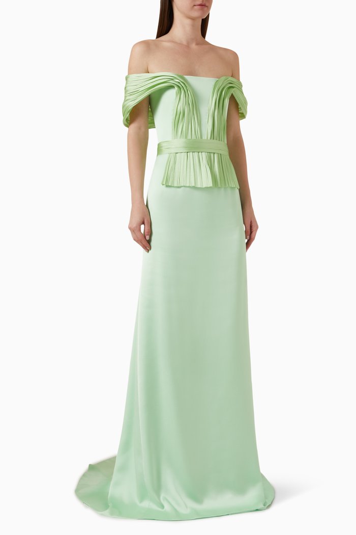 

Draped Off-shoulder Gown in Taffeta & Crepe, Green