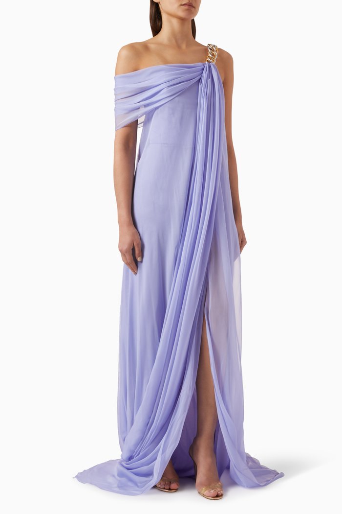 

Draped One-shoulder Dress in Chiffon, Purple