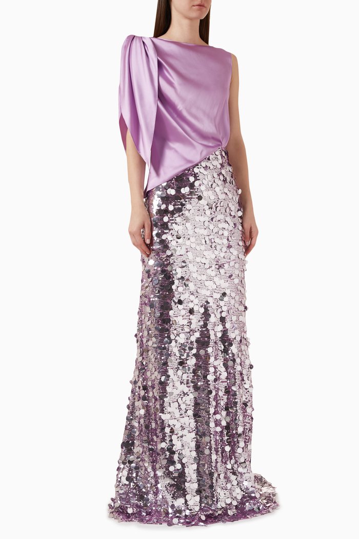 

Asymmetrical Knot Maxi Dress in Satin & Sequins, Purple