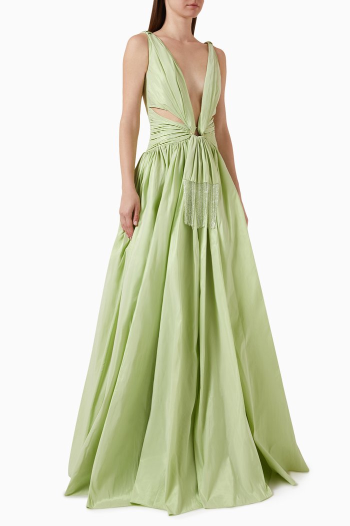 Fringed Cut-out Gown in Taffeta, Green