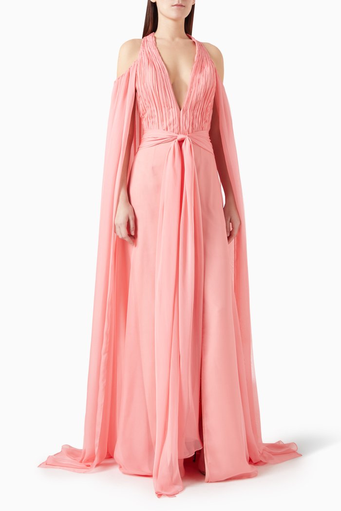 Cut-out Draped Maxi Dress in Chiffon, Pink