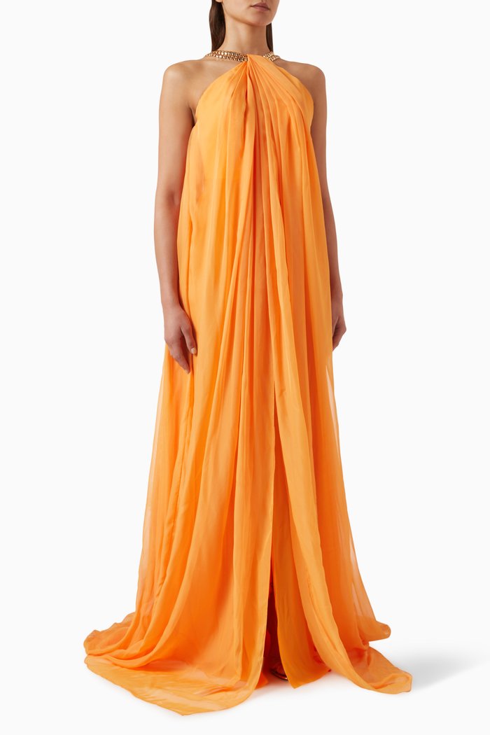 

Halter-neck Draped Dress in Chiffon, Orange