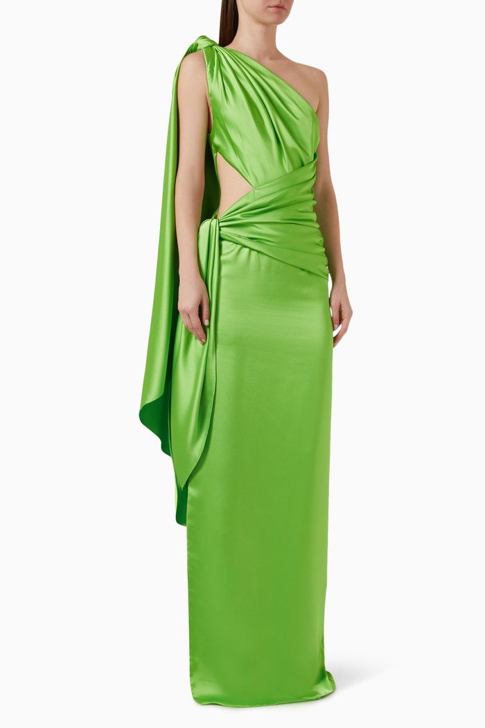 One-shoulder Asymmetrical Maxi Dress in Satin, Green