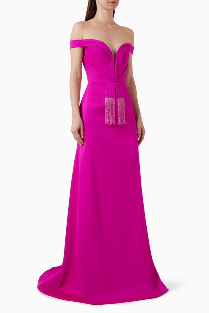 

Off-shoulder Fringed Gown in Crepe, Pink