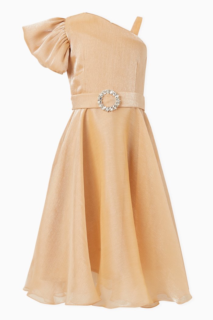 

One-shoulder Belted Dress, Gold