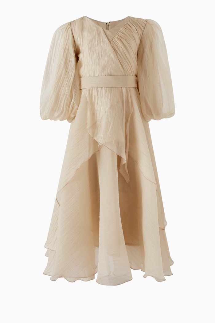 

Puff-sleeve Draped Dress, Gold