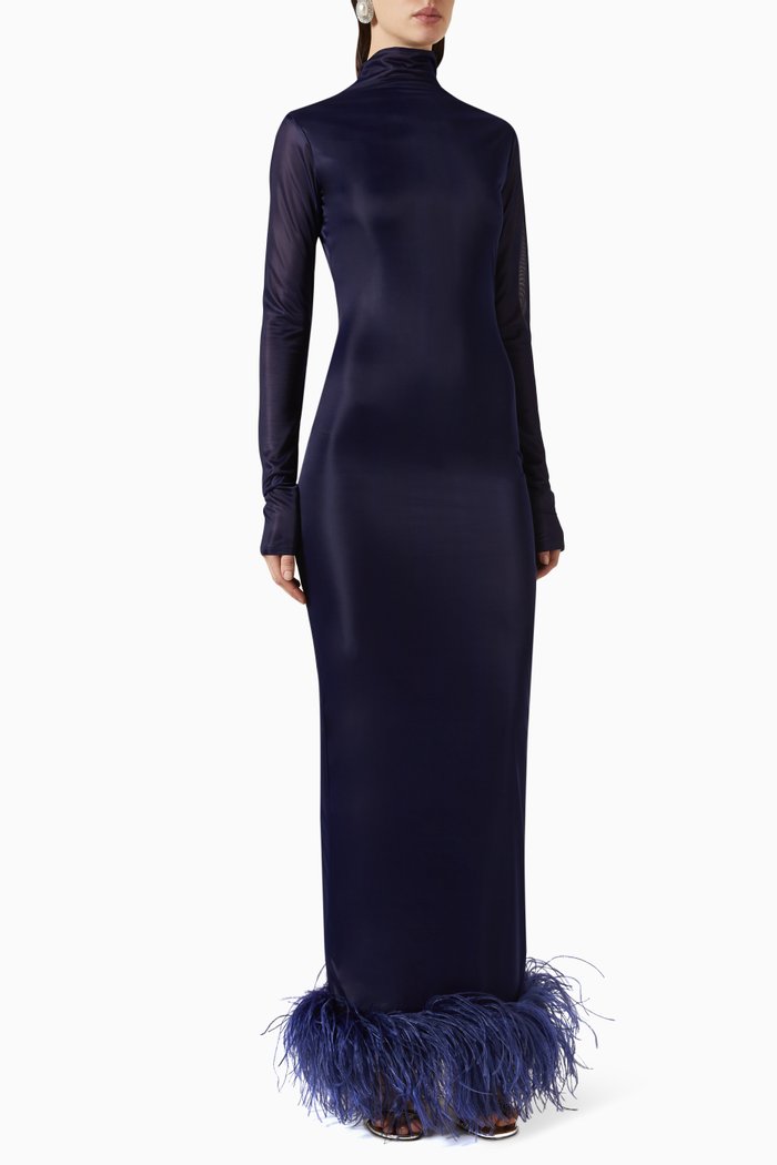 Luna Feather-trim Gown in Jersey, Blue