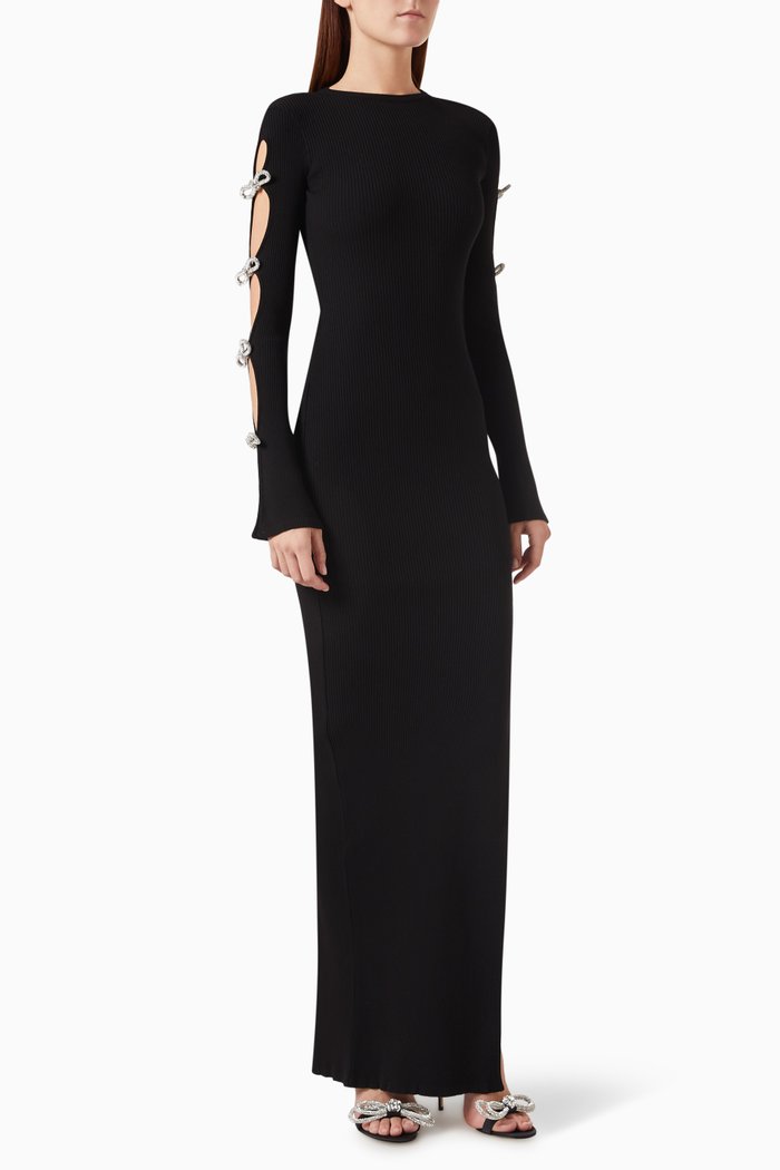 

Cut-out Crystal Bow Maxi Dress in Stretch Knit, Black