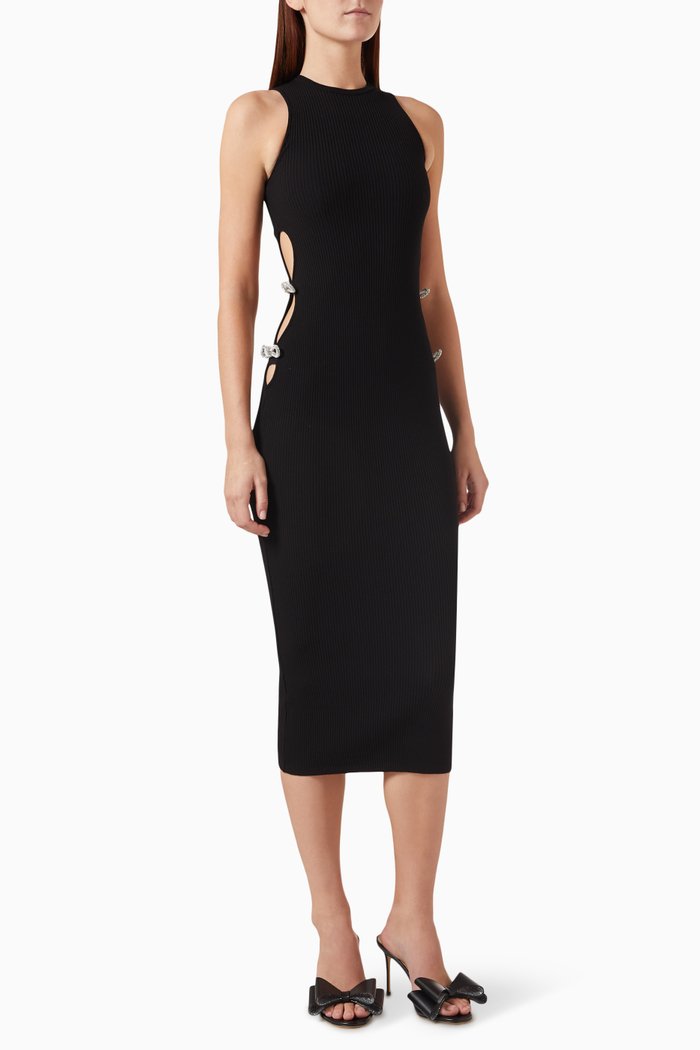 

Cut-out Crystal Bow Midi Dress in Stretch Knit, Black