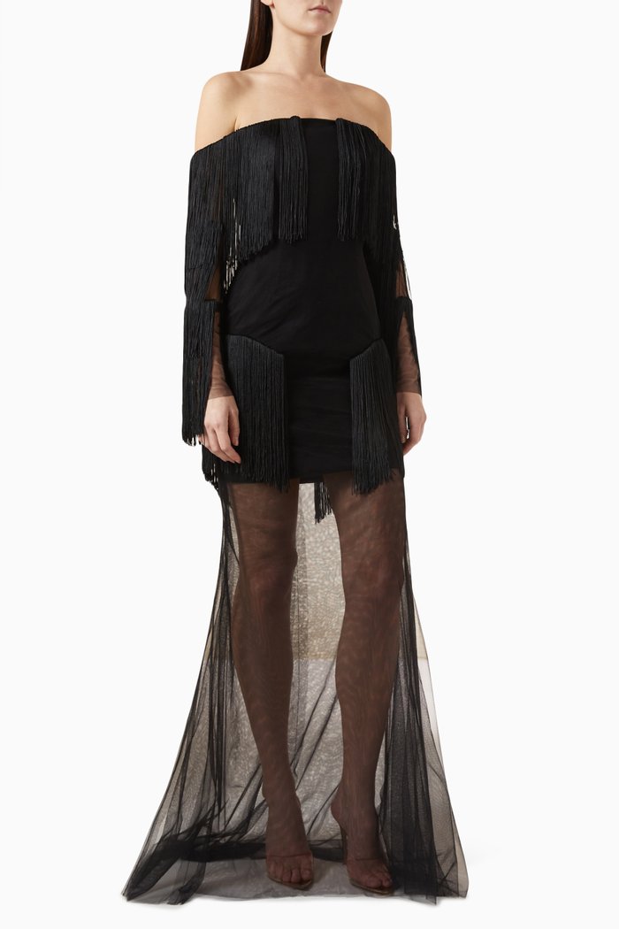 

Off-shoulder Fringe Maxi Dress, Black