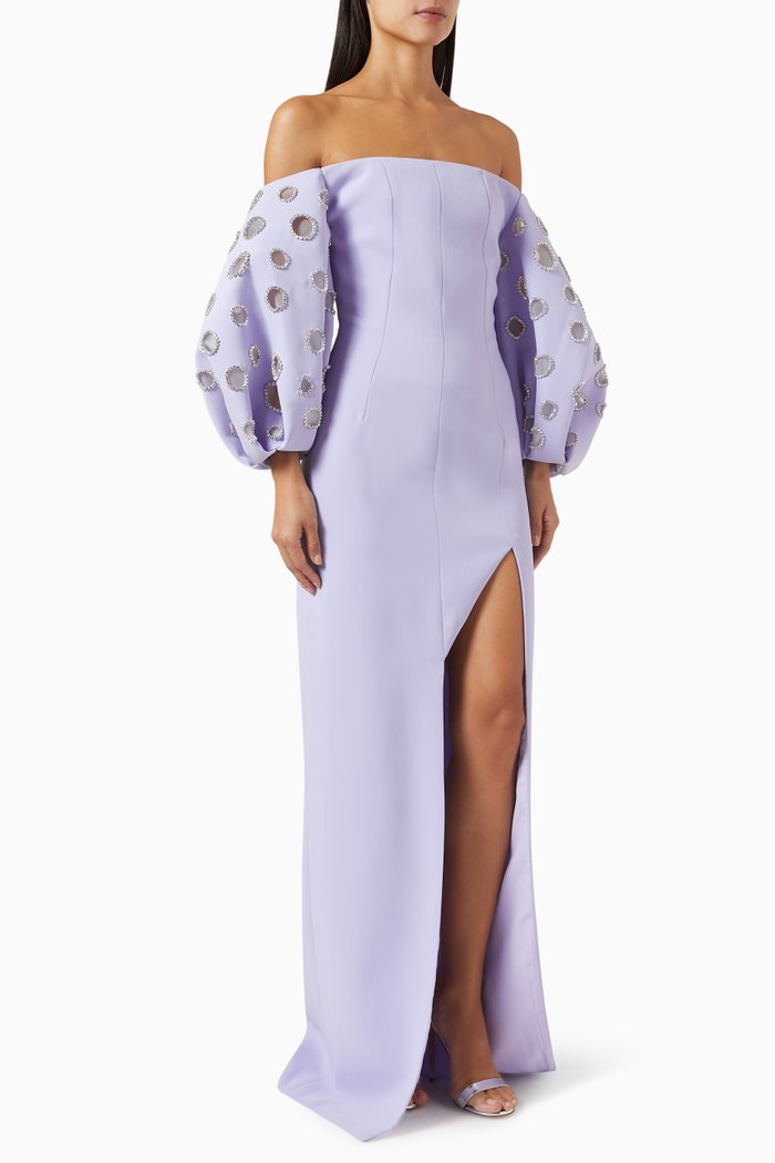 Embellished Off-shoulder Gown, Purple