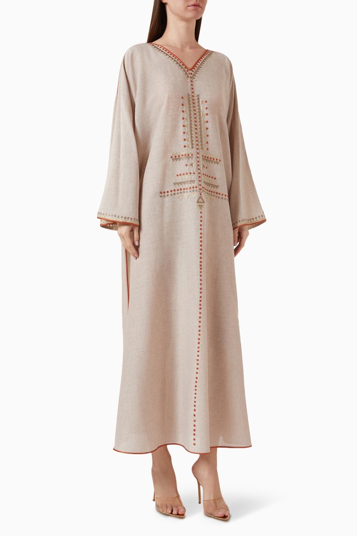 

Embroidered Long-sleeve Kaftan, Neutral