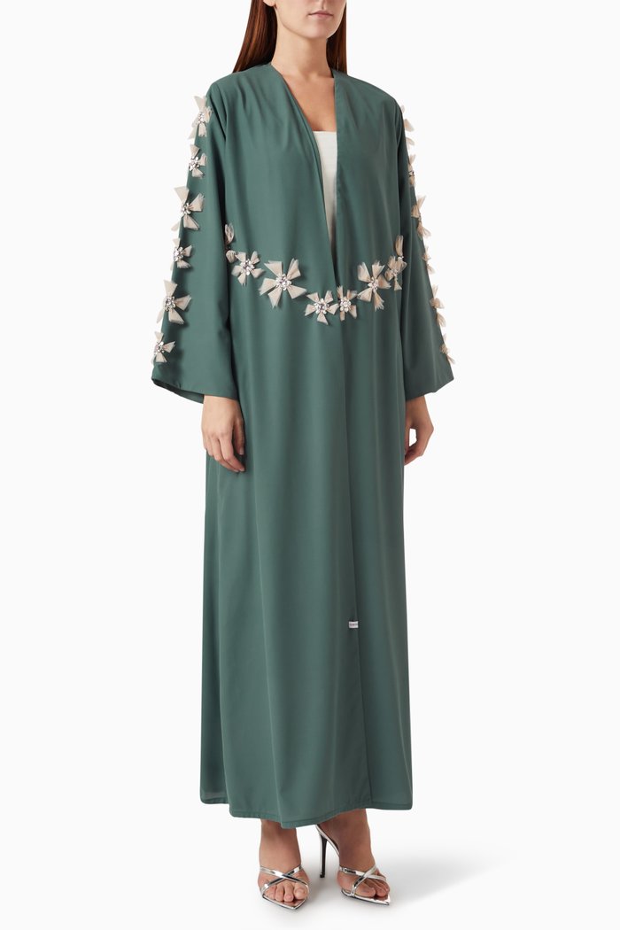 

Floral Embroidered Abaya in Silk, Green