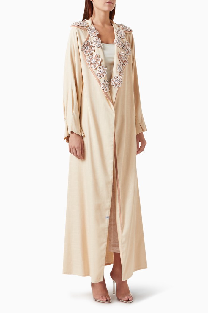 

Floral Embroidered Abaya in Silk-linen, Neutral