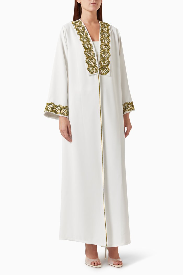

Cluster Fringe Embellished Abaya in Crepe, Neutral