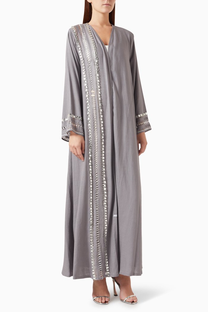 

Crystal-trim Abaya in Cotton-linen, Grey