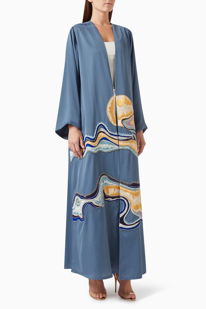 

Signature Moonlight Art Canvas Abaya in Silk, Blue