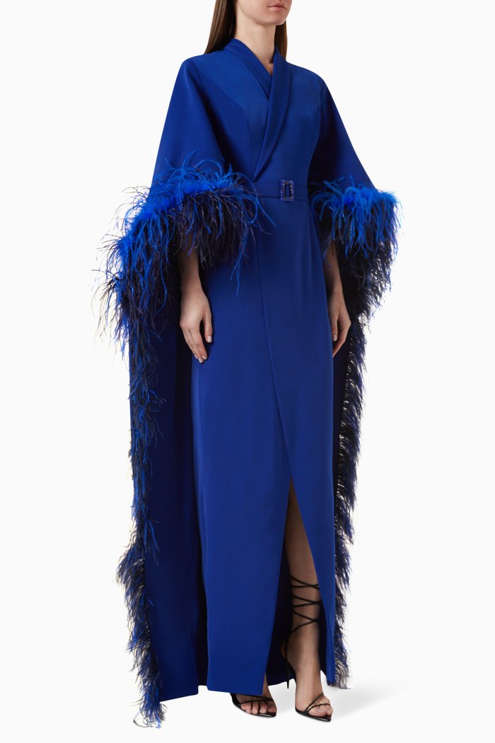 

Topaz Feather-trim Cape Dress in Crepe, Blue