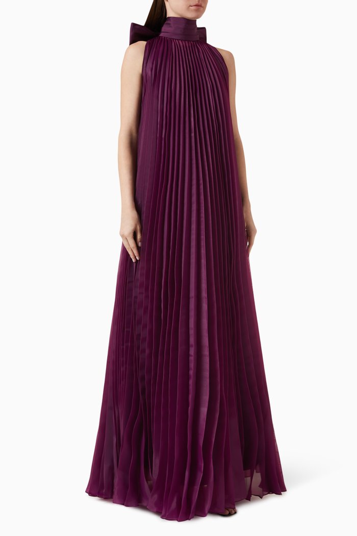 

Plum Pleated Maxi Dress in Organza, Purple