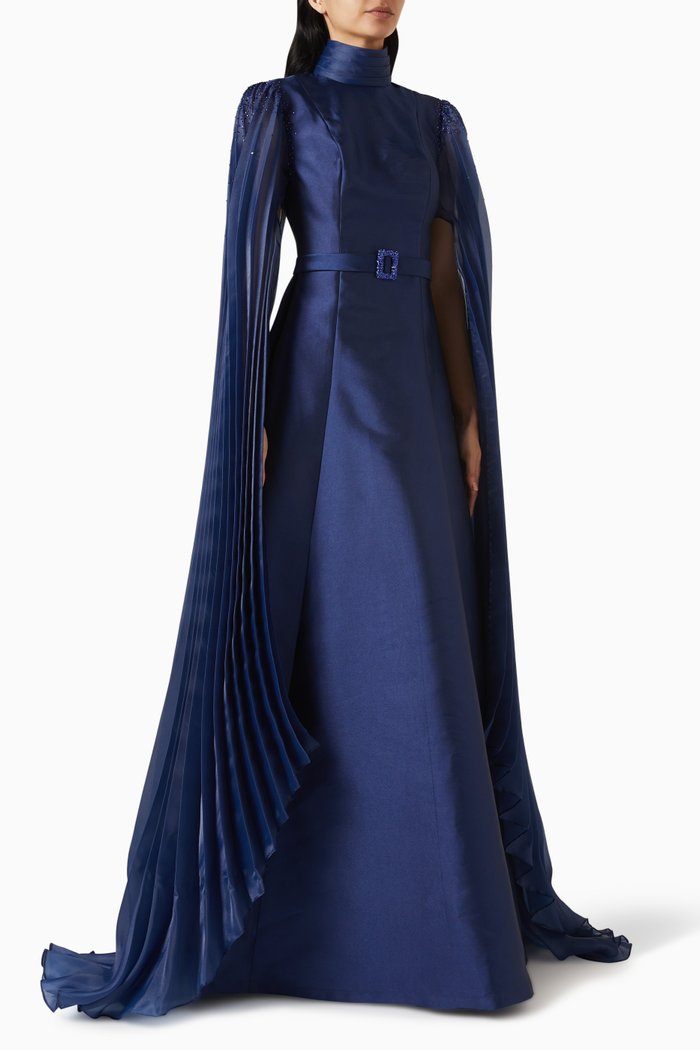 Ashe Pleated-sleeve Maxi Dress in Mikado-organza, Blue