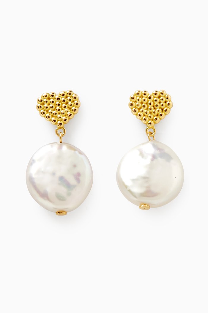 Kiku Freshwater Coin Pearl Heart Drop Earrings in 18kt Gold, Yellow