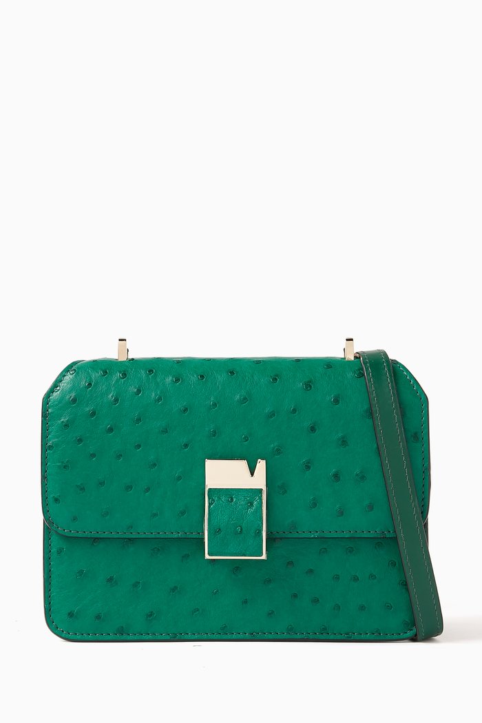 Mini NoLo Crossbody Bag in Ostrich Leather, Green