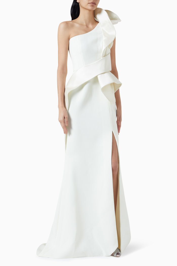 

Ruffle One-shoulder Maxi Dress, White