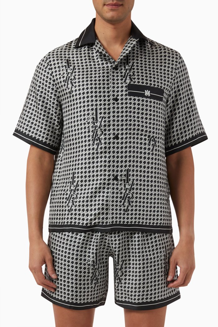 

Houndstooth Bowling Shirt in Silk, Black