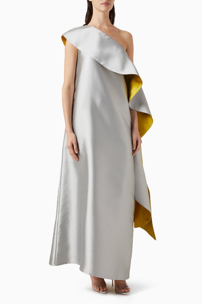 

Asymmetrical One-shoulder Maxi Dress in Silky Taffeta, Grey