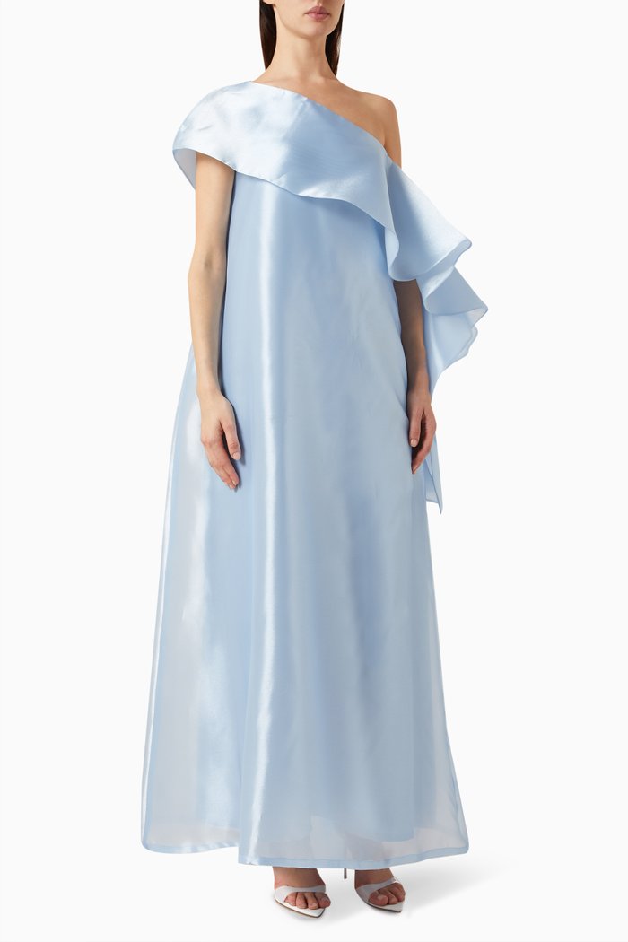 

Asymmetrical One-shoulder Maxi Dress in Organza, Blue