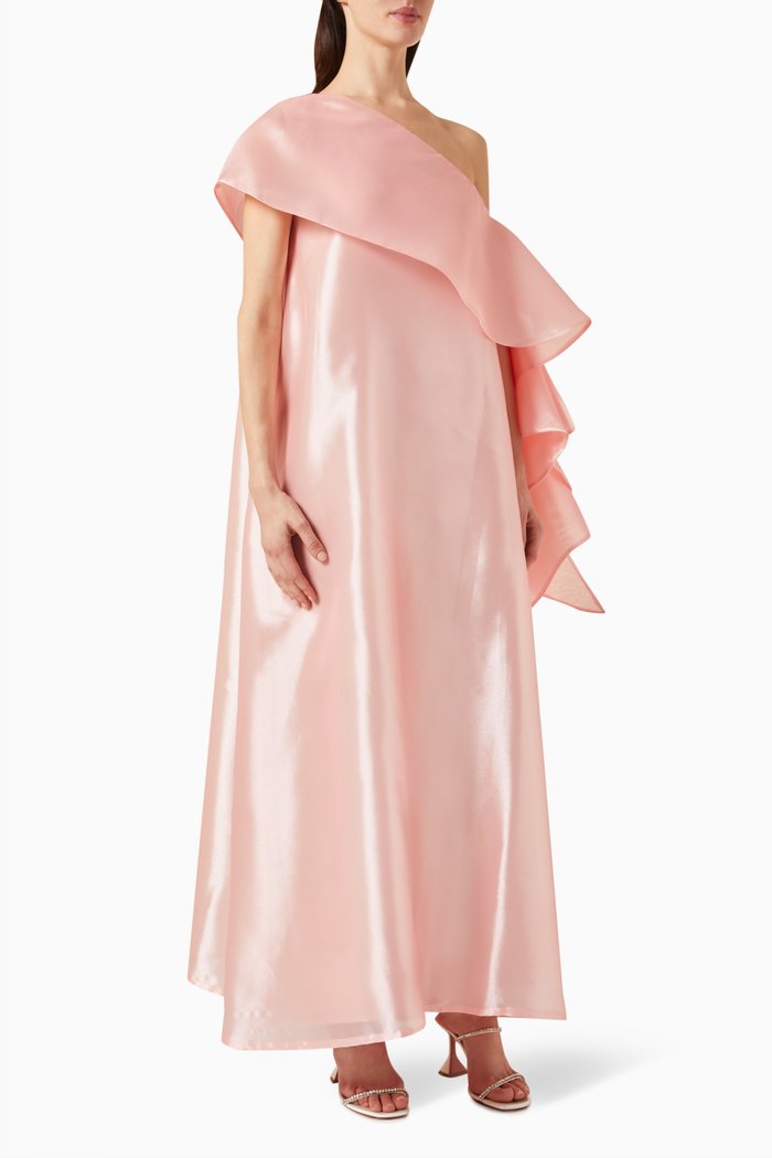 

Asymmetrical One-shoulder Maxi Dress in Organza, Pink