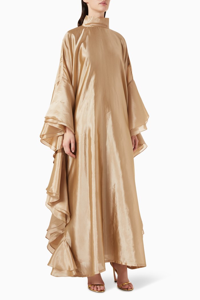 

Ruffled Oversized-sleeves Abaya in Silky-organza, Gold