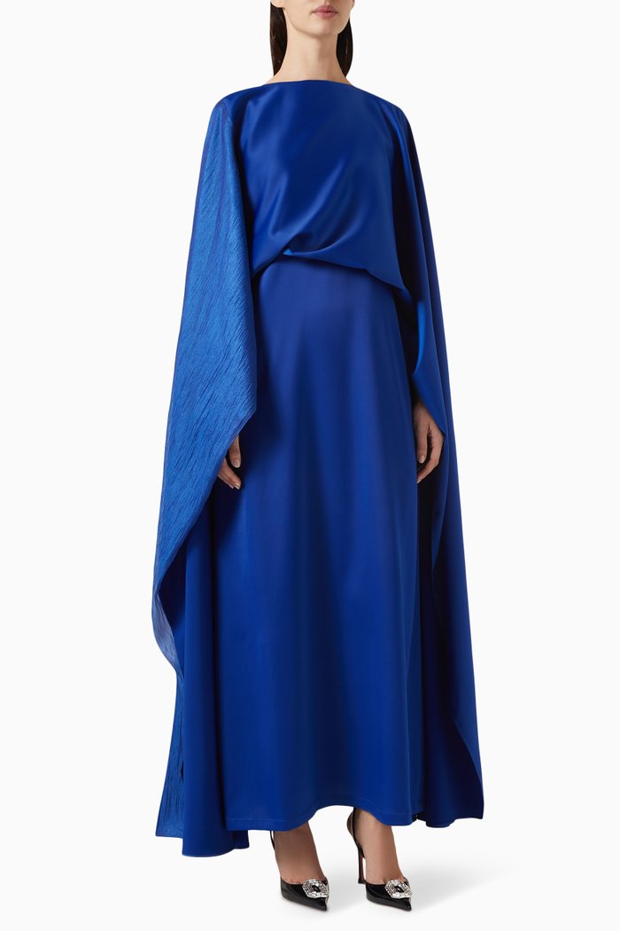

Draped Cape-style Maxi Dress in Silky Satin & Organza, Blue