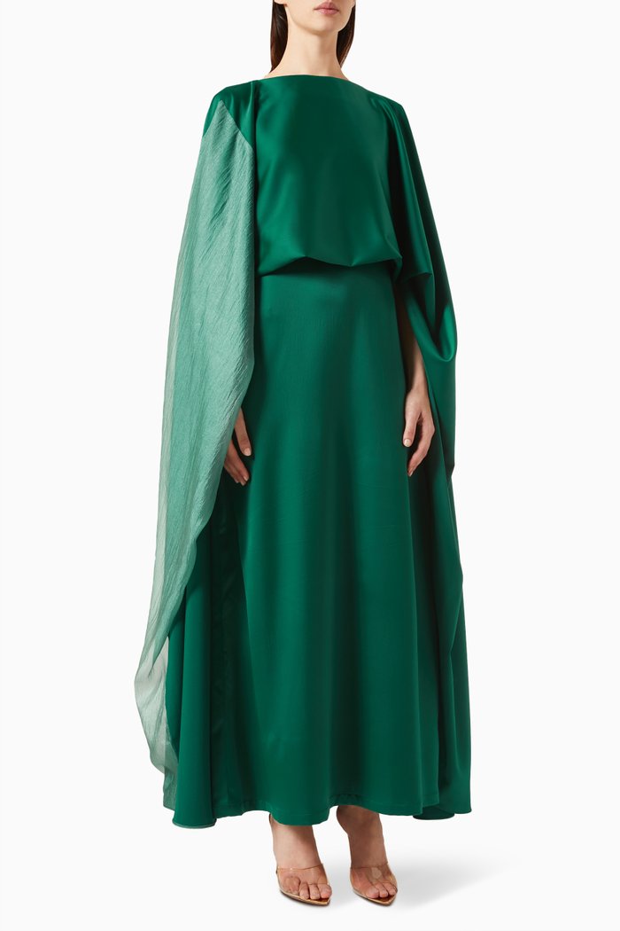 

Draped Cape-style Maxi Dress in Silky Satin & Organza, Green