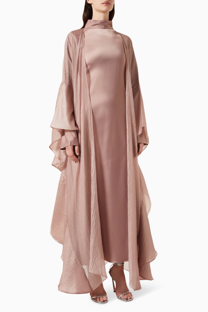 

Ruffled-sleeves Abaya in Silk Satin & Organza, Purple