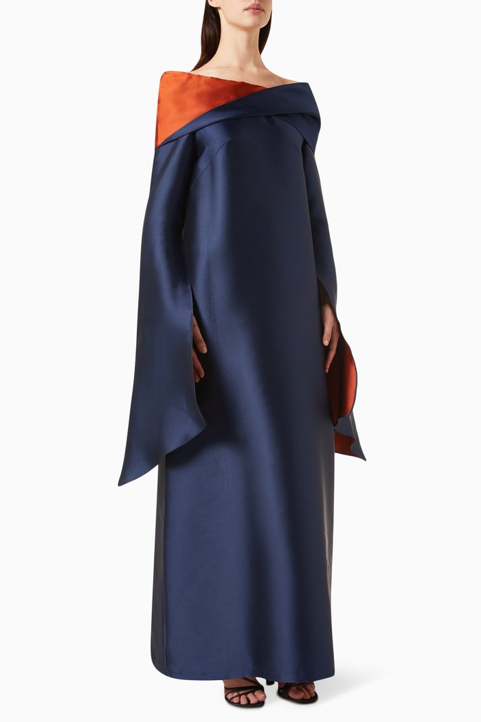 

Big Shoulder Oversized-sleeves Maxi Dress in Silky-taffeta, Blue