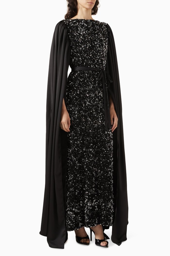 Elegance Cape Dress in Sequins, Black