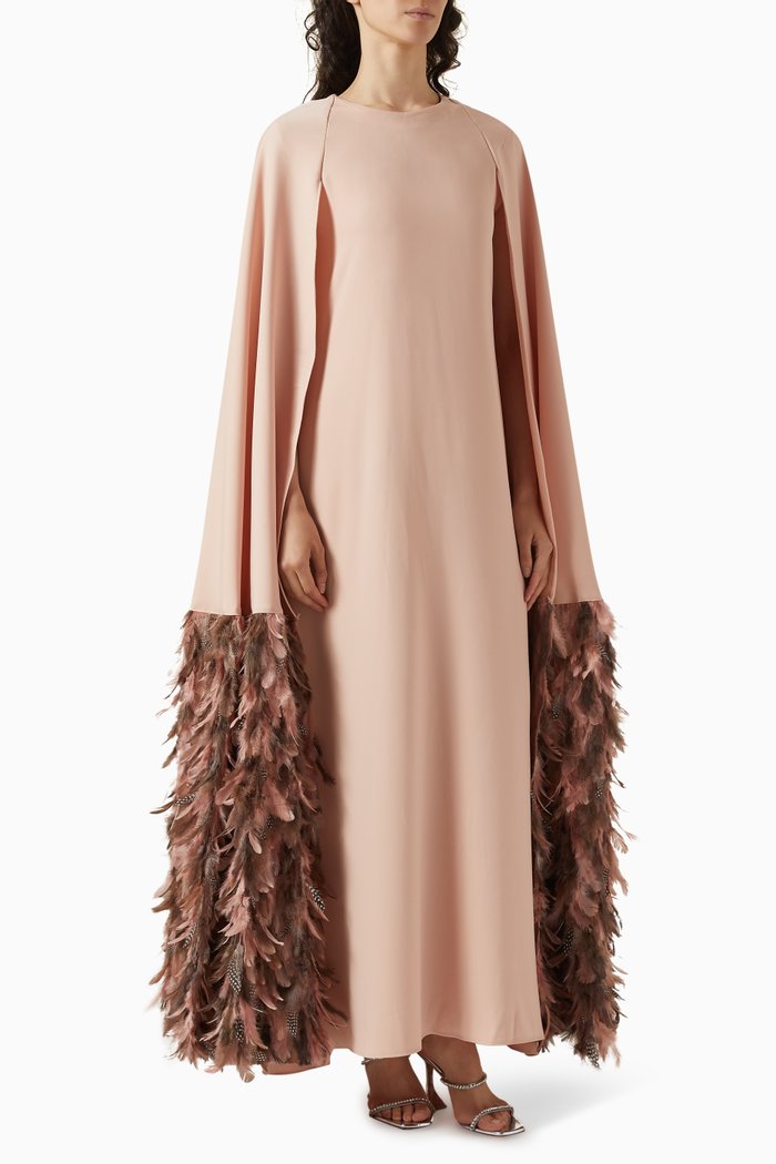 Rania Feather Cape Dress in Crêpe, Pink