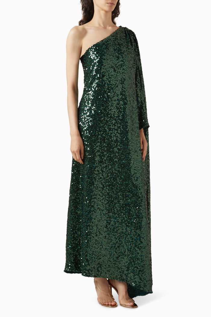Majestic One-shoulder Dress in Sequins, Green