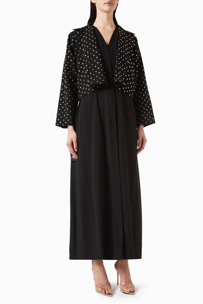 

Crystal-embellished Coat Abaya in Crepe, Black