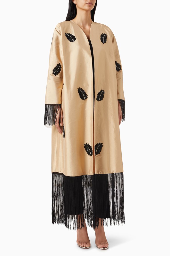 

Leaf Fringed Abaya in Taffeta, Neutral