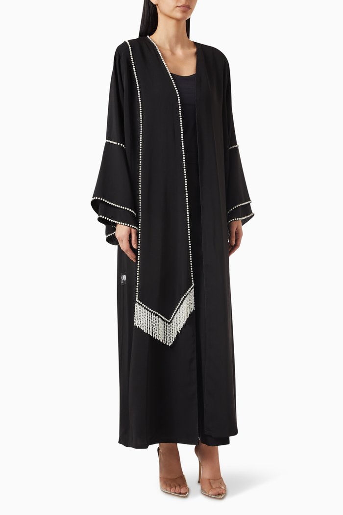 

Pearl-embellished Abaya in Crepe, Black