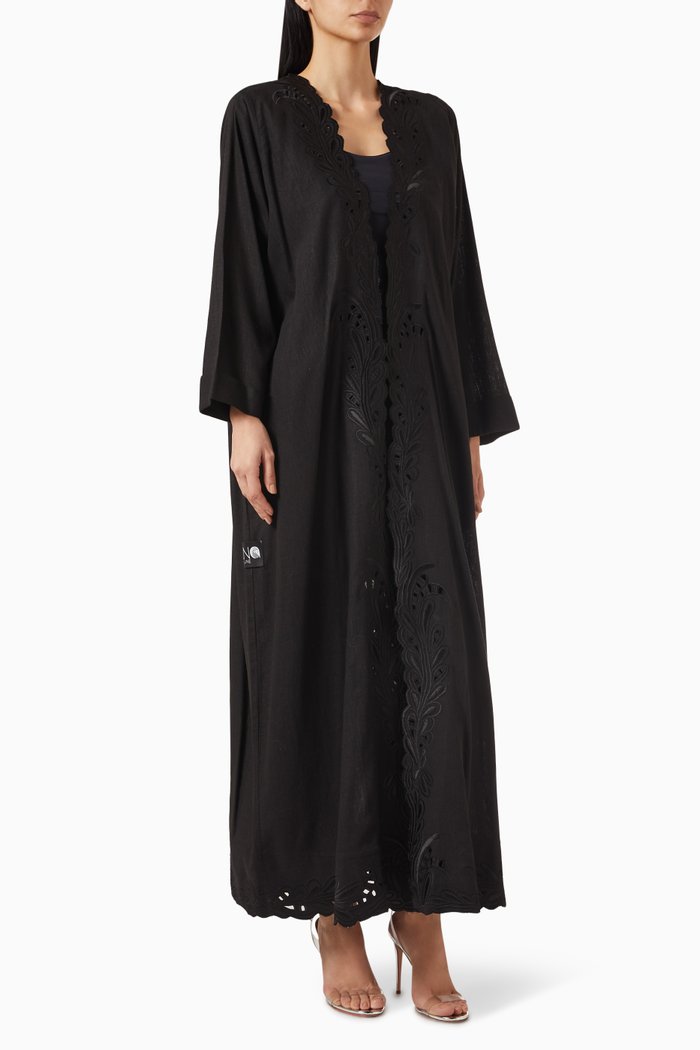 

Embroidered Abaya in Linen, Black