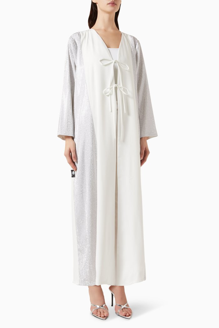 

Crystal-embellished Tie-up Abaya in Crepe, White