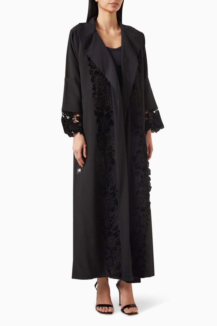 

Floral-lace Abaya in Crepe, Black
