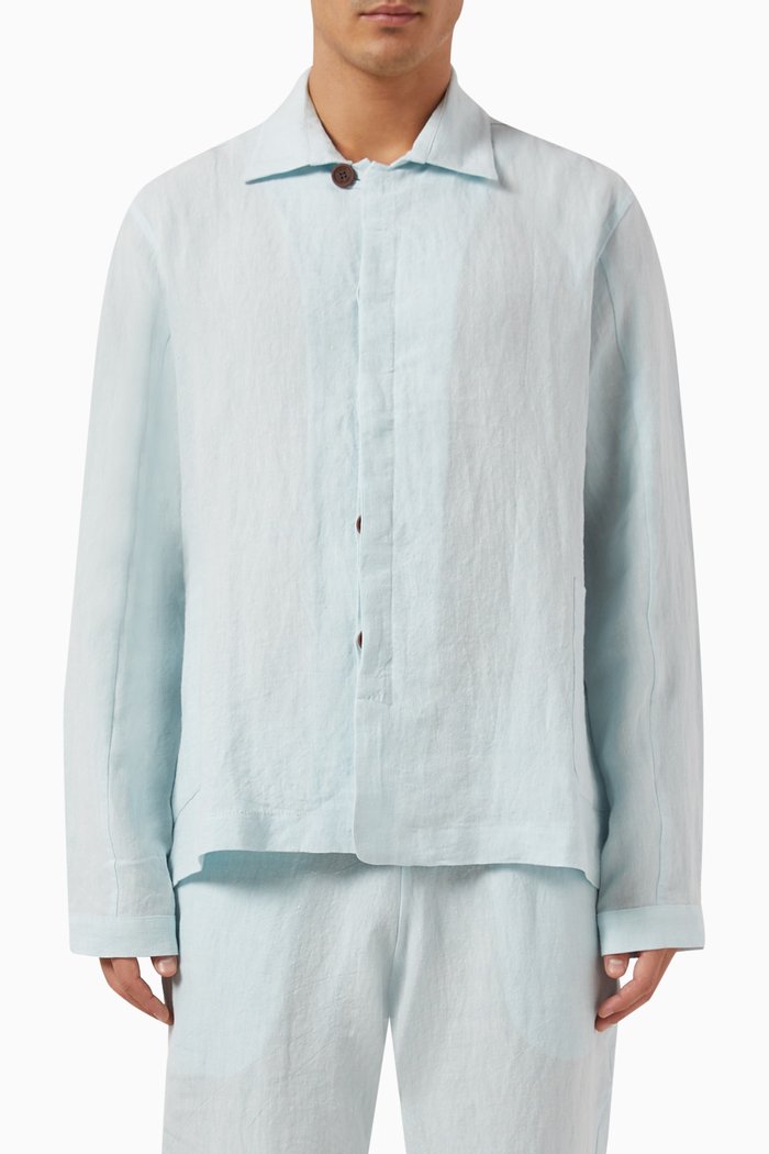 

Long Sleeved Jacket in Linen, Blue