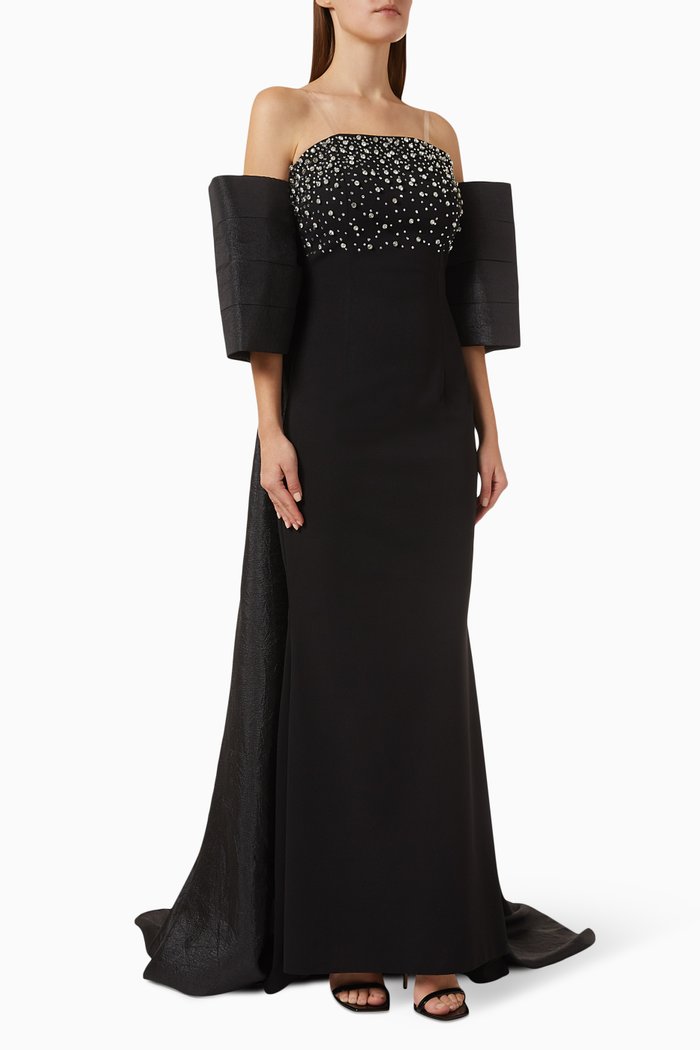 

Embellished Off-shoulder Dress in Scuba-crepe, Black