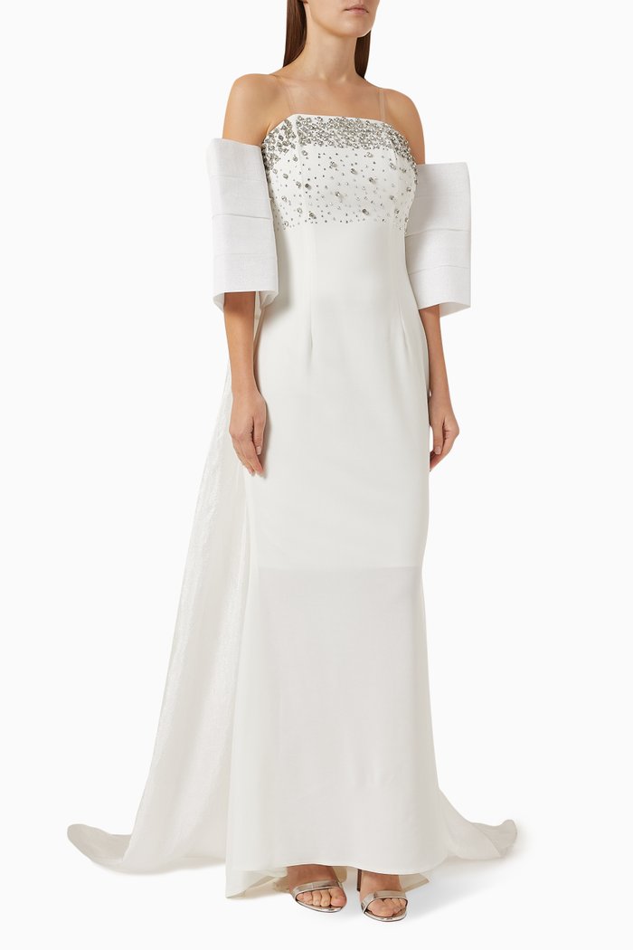 

Embellished Off-shoulder Dress in Scuba-crepe, Neutral